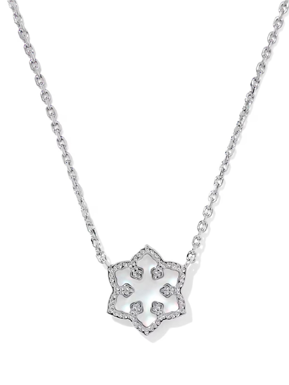 NWT Kendra Scott Snowflake Silver Short Pendant Necklace in Matte Dichroic Glass